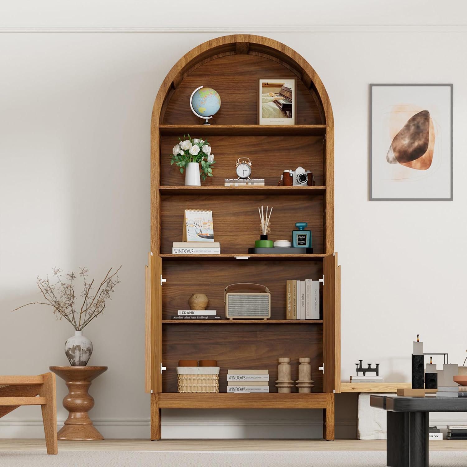 Mid Century Arched Display Cabinet with Doors, 5 Tier Tall Display Case, 71 Inch Storage Cabinet, Large Arch Bookcase, Wooden 5 Shelf Book Shelf, Office, Brown, Walnut
