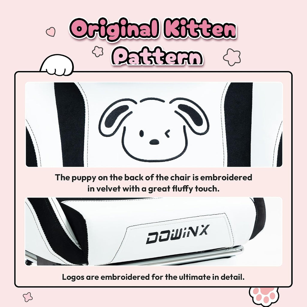 Dowinx Gaming Chair Cute with Plush Doggy and Massage Lumbar Support, Ergonomic Computer Chair for Girl with Footrest and Headrest, Comfortable Game Chair 290lbs for Adult, Teen, Black and White