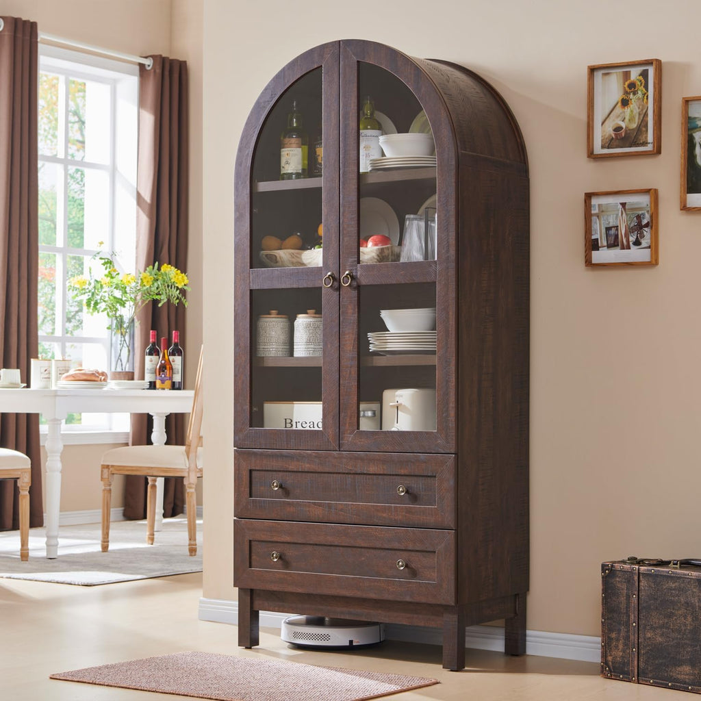 IFGET 71' Tall Arched Kitchen Pantry Cabinet, Wood Kitchens Storage Cabinets with 2 Large Drawers and Adjustable Shelves, Modern Farmhouse Versatile Cupboard for Kitchen, Dining Room, Bathroom, Brown
