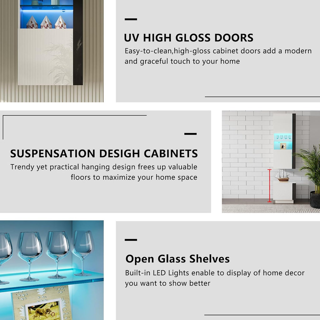 AMERLIFE Wall Storage Cabinets with LED Lights, Modern High Gloss Hanging Cabinets with 4 Closed Doors & Open Glass Shelves, for Living Room/Bedroom/Office, White(Set of 2)