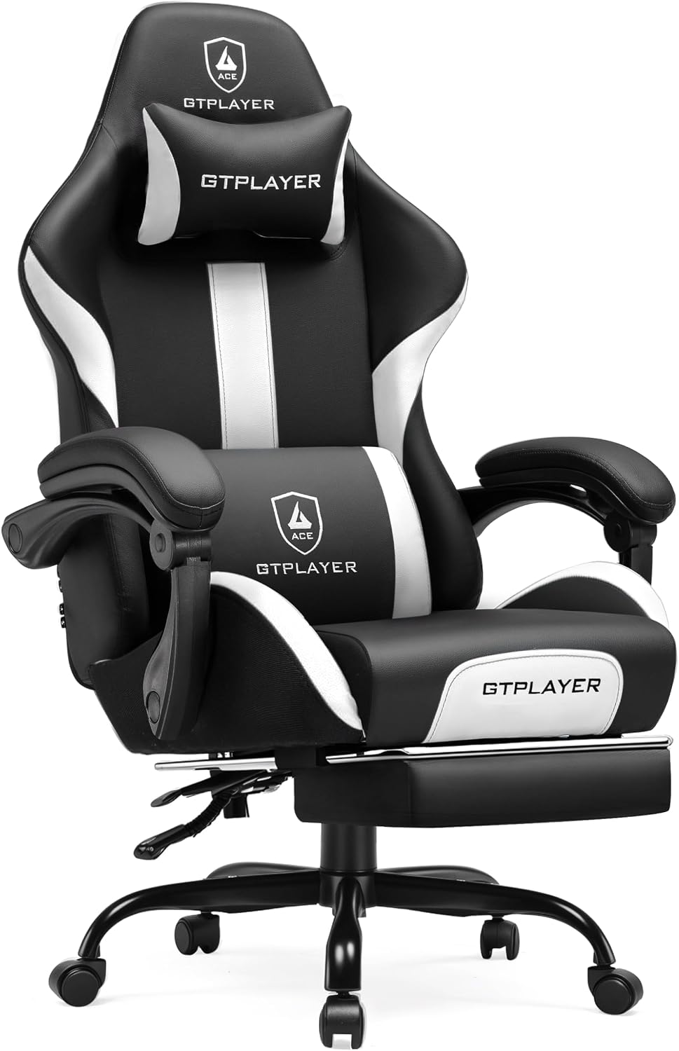 GTPLAYER Gaming Chair with Foot Rest & Pocket Spring Cushion, Ergonomic High Back Computer Chair with Headrest & 360°-Swivel Seat for Home Office Desk, PU Leather, White/Black