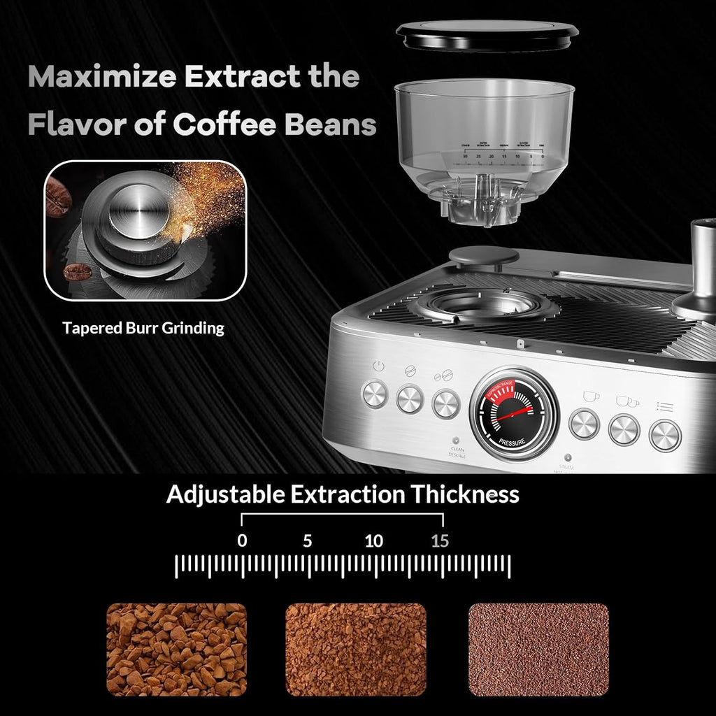 Espresso Machine with Grinder, 20 Bar Semi-Automatic Coffee Maker with Milk Frother Steam Wand, PID Temperature Control, 95 OZ Water Tank, for Cappuccino, Latte, Macchiato, Home Barista, Light Gray