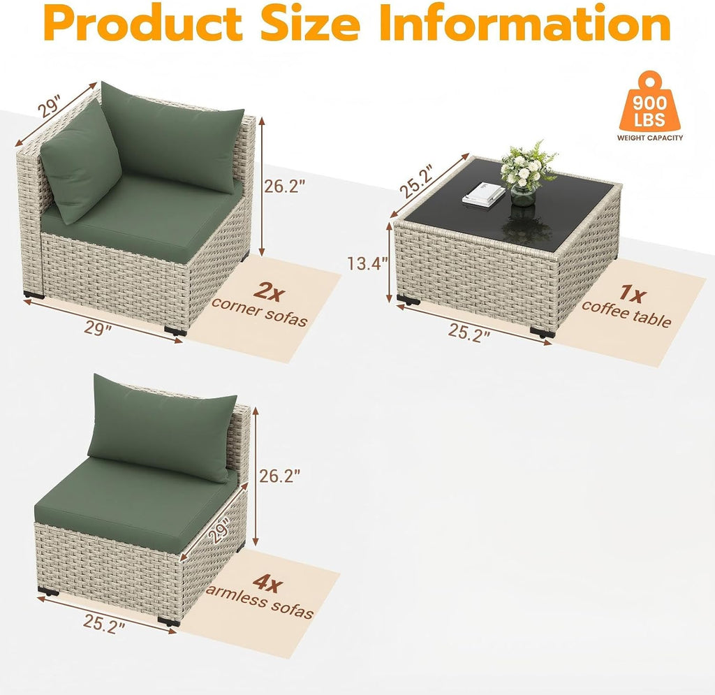 UDPATIO Outdoor Patio Furniture Set, 7-Piece PE Wicker Sectional Sofa with Tea Table, Outdoor Conversation Set for Patio, Garden, Backyard Green