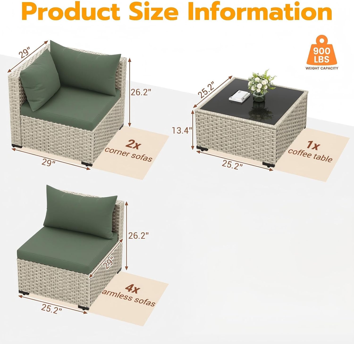 UDPATIO Outdoor Patio Furniture Set, 7-Piece PE Wicker Sectional Sofa with Tea Table, Outdoor Conversation Set for Patio, Garden, Backyard Green