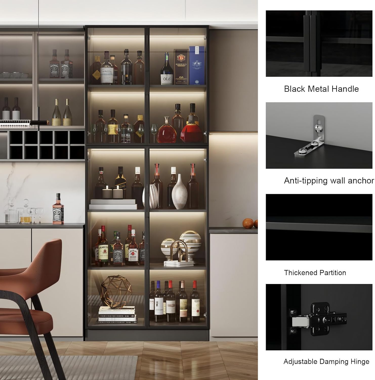 Mekminop Display Cabinet with Glass Doors and Storage Shelve, Modern Display Cabinet for Collectibles Trophy Case for Display - Black (31.5 ''W x 16.5 ''D x 78.7 ''H), HJ-FF10