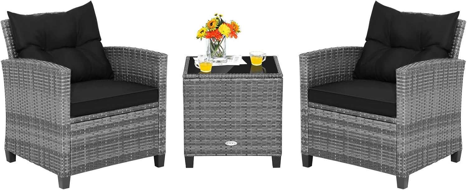 Tangkula 3 Pieces Patio Furniture Set, Outdoor PE Rattan Conversation Chair Set with Tempered Glass Side Table and Removable Cushions, PE Wicker Chairs and Table Set for Porch, Balcony and Garden