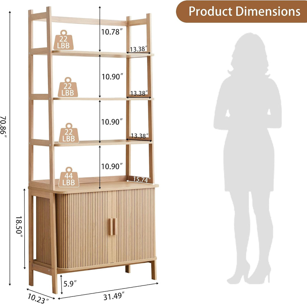 4-Tier Bookshelf, Tall Bookcase with Open Shelf and Sliding Door, 70' Freestanding Storage Organizer Display Cabinet for Living Room, Home Office (Natural)