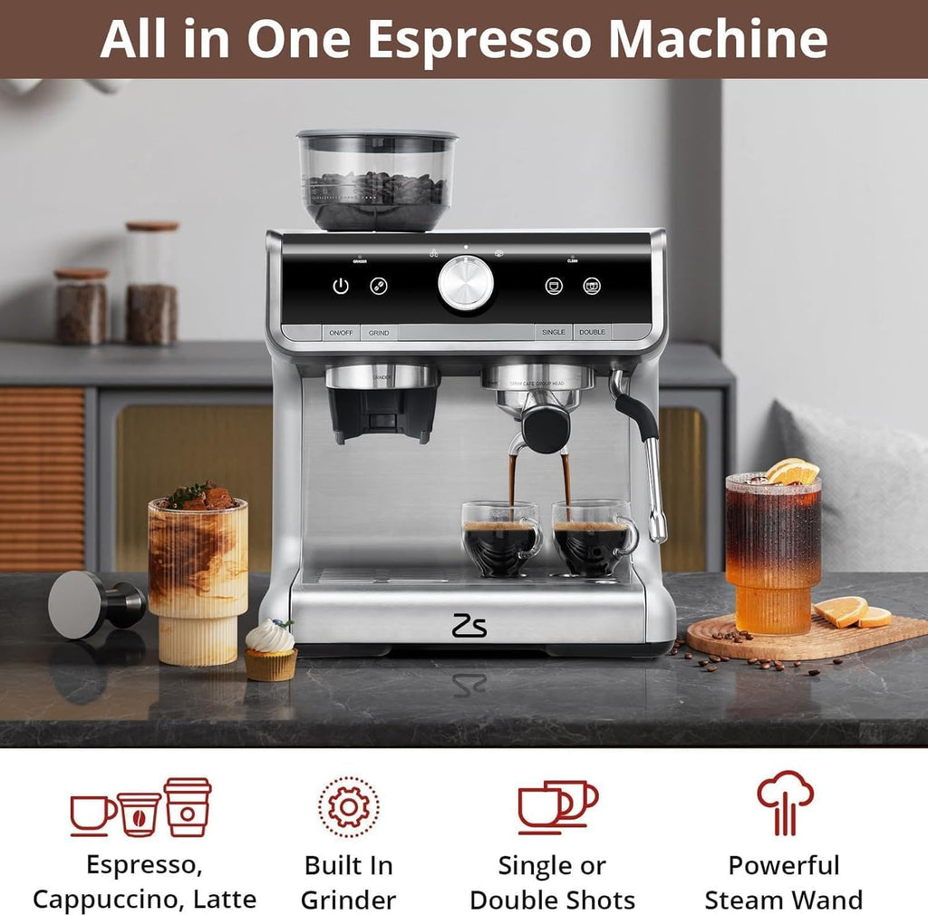 Espresso Machine with Grinder & Milk Frother - 20 Bar Professional Coffee Maker with 95 oz Removable Water Tank for Home Brewing Lattes and Cappuccinos - Stainless Steel