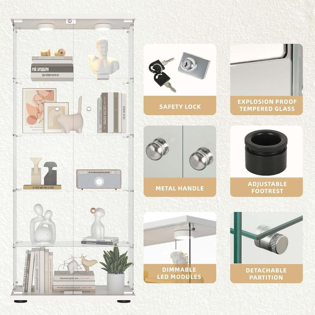 Glass Display Cabinet with LED Lights, 5-Shelf Locking Bookcase with Remote Control, Tempered Glass Curio Cabinet for Living Room, Bedroom, Office, White (5-Shelf)