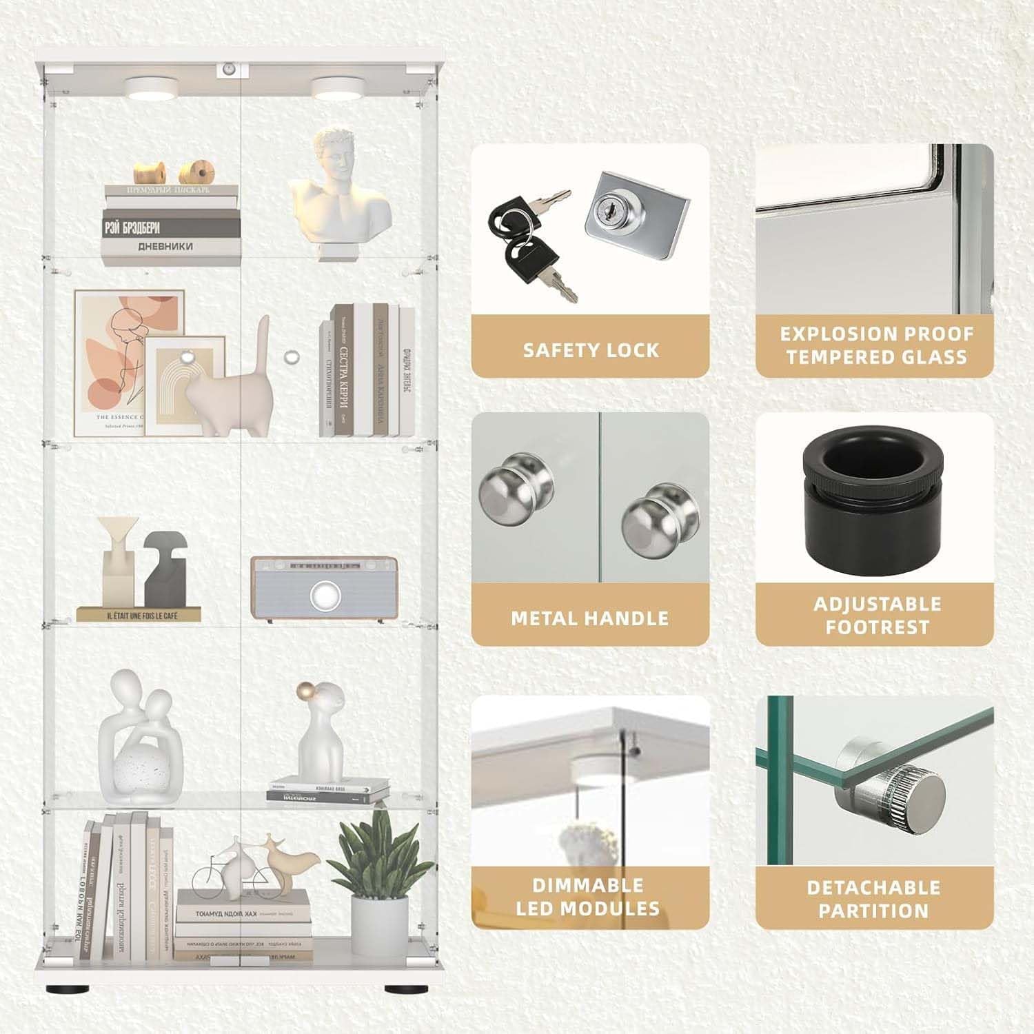 Glass Display Cabinet with LED Lights, 5-Shelf Locking Bookcase with Remote Control, Tempered Glass Curio Cabinet for Living Room, Bedroom, Office, White (5-Shelf)