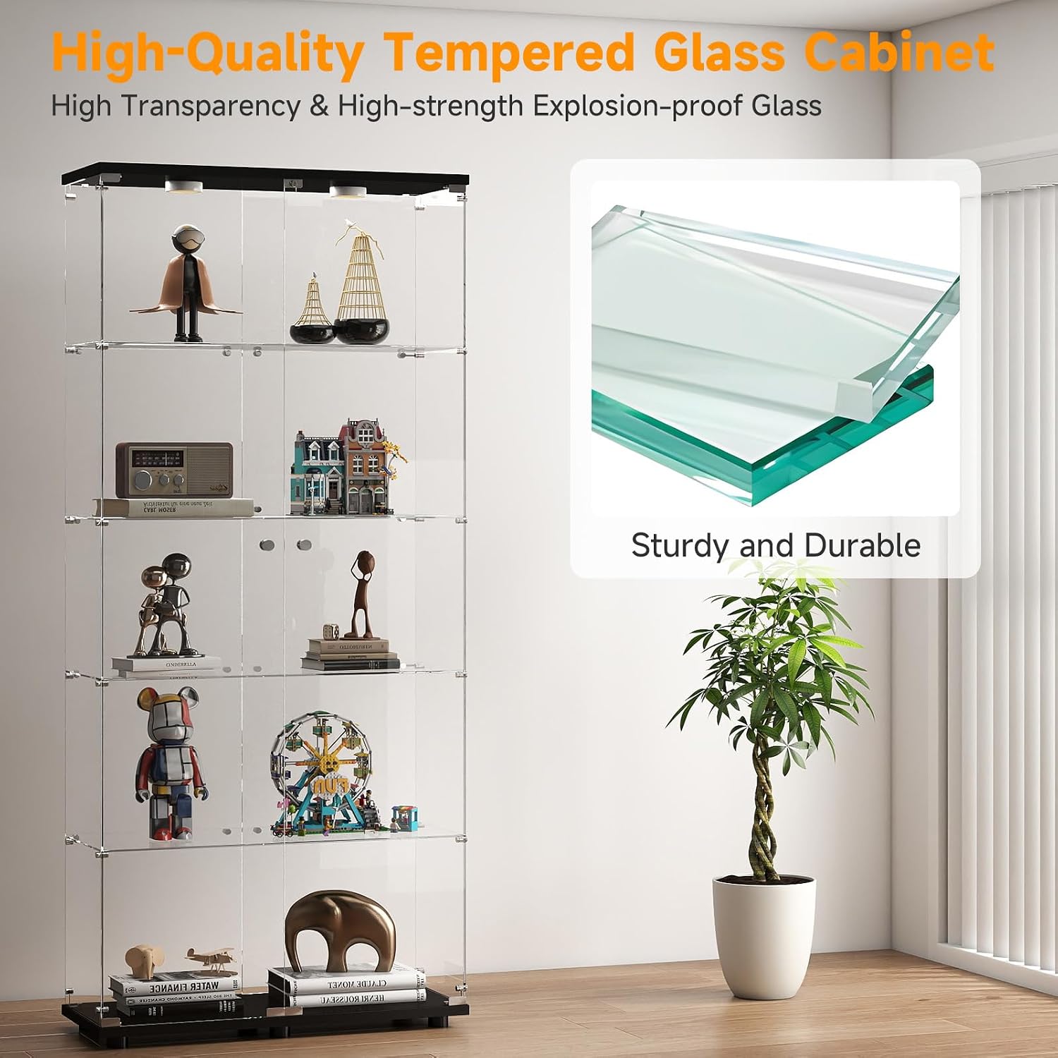 Zevemomo 5-Tier Tempered Glass Display Cabinet with Lights, Curio Cabinet with Glass Doors and Lock, Glass Display Case for Collectibles, for Living Room Bedroom Office, Double Door, Black