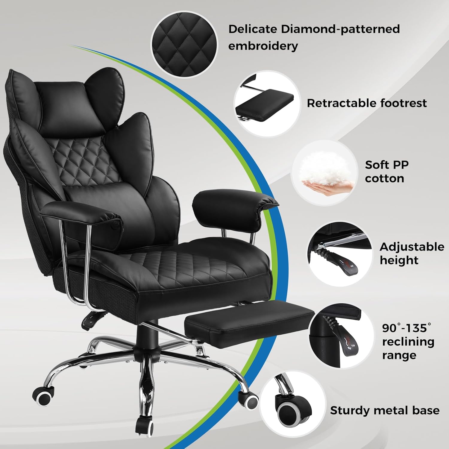 GTPLAYER Gaming Chair,Office Chair with Pocket Spring Lumbar Support, Ergonomic Comfortable Wide Office Desk Computer Chair with Outward Fixed Soft Armrests and Footrest (PU Leather, Black)
