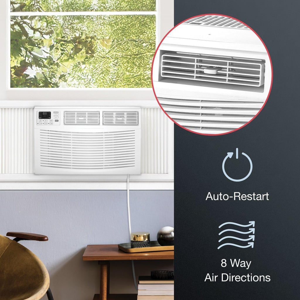 Amana 8,000 BTU Window Air Conditioner with Dehumidifier, 115V, Window AC for Rooms up to 350 Sq. Ft., Bedrooms, Bathrooms, and Nurseries with Remote Control, Digital Display, Timer, 3 Cooling Speeds