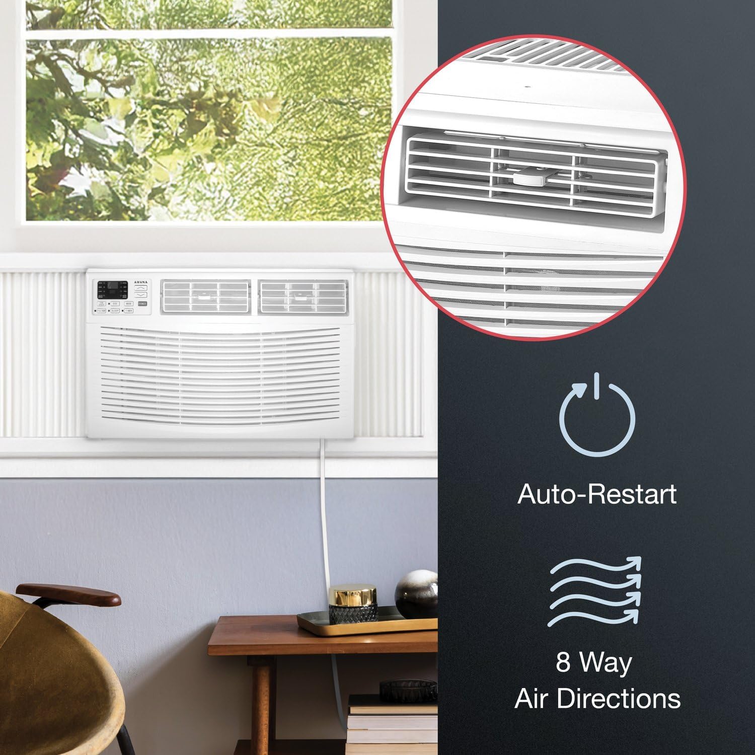 Amana 8,000 BTU Window Air Conditioner with Dehumidifier, 115V, Window AC for Rooms up to 350 Sq. Ft., Bedrooms, Bathrooms, and Nurseries with Remote Control, Digital Display, Timer, 3 Cooling Speeds