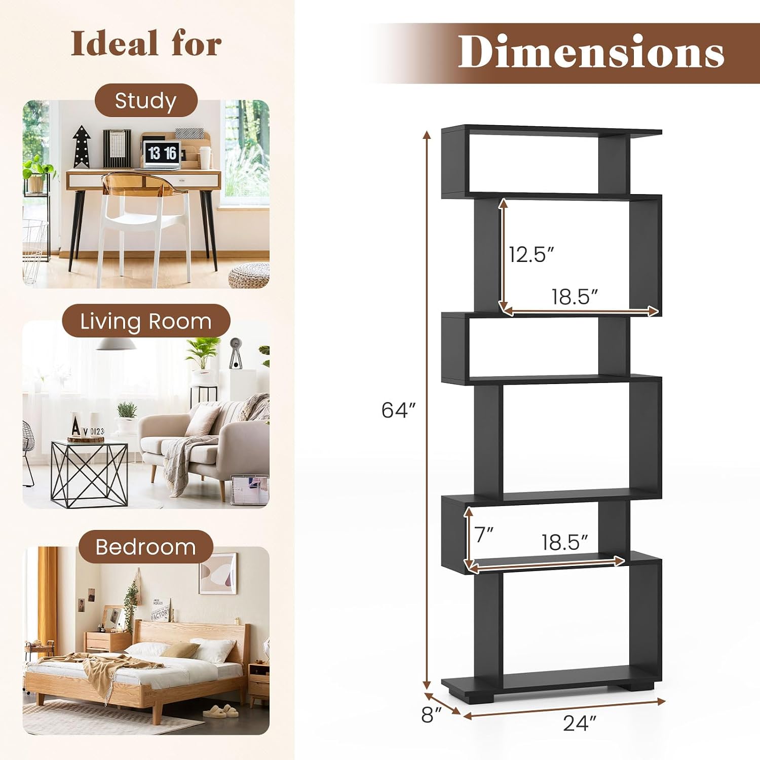 Giantex 6-Tier Geometric Bookshelves Set of 2, S-Shaped Bookcase with 2 Anti-Tipping Kits, Wooden Display Shelf, Decorative Storage Shelving Unit, Home Storage Organizer for Office Living Room, Black
