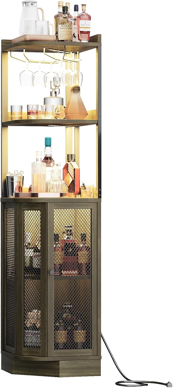 EOYUTLLY Corner Bar Cabinet with with Power Outlet and LED Strip, 65' H 5-Tier Corner Liquor Wine Display Cabinet for Home, Bar and Storage Solution, for Living Room, Kitchen, Home Bar, Gray
