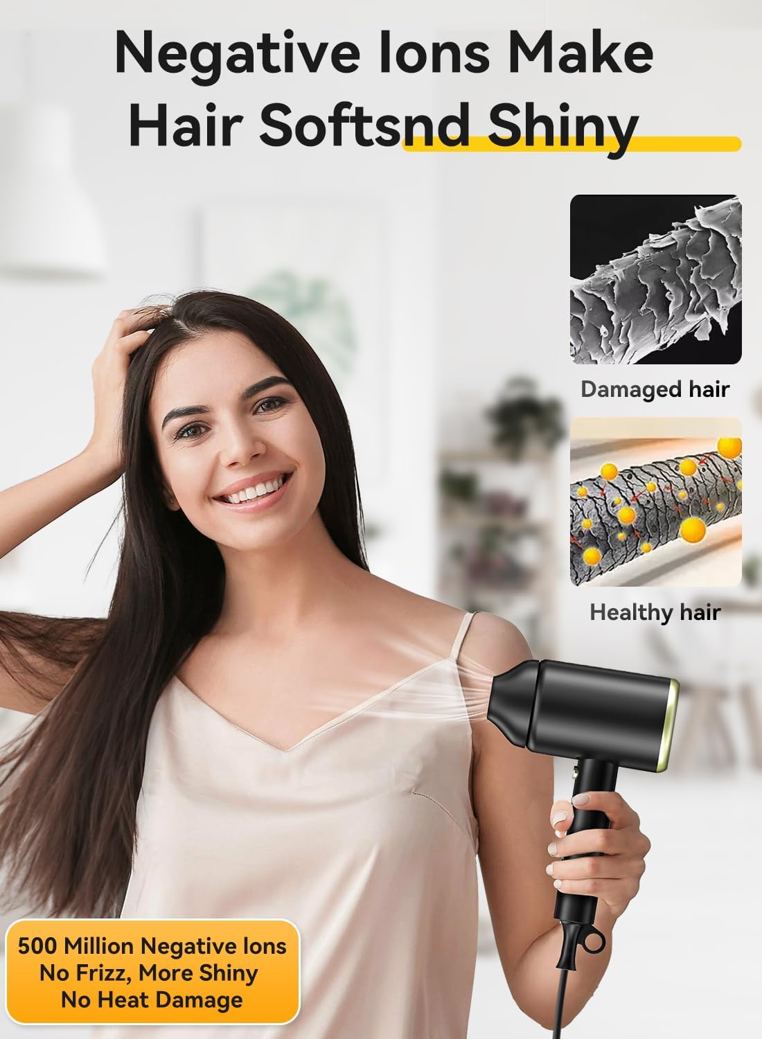Hair Dryer, Ionic Blow Dryer - Fast Drying, Low Noise, Foldable Portable with Diffuser and Nozzle, Compact Mini for Women and Men - 1 Pack