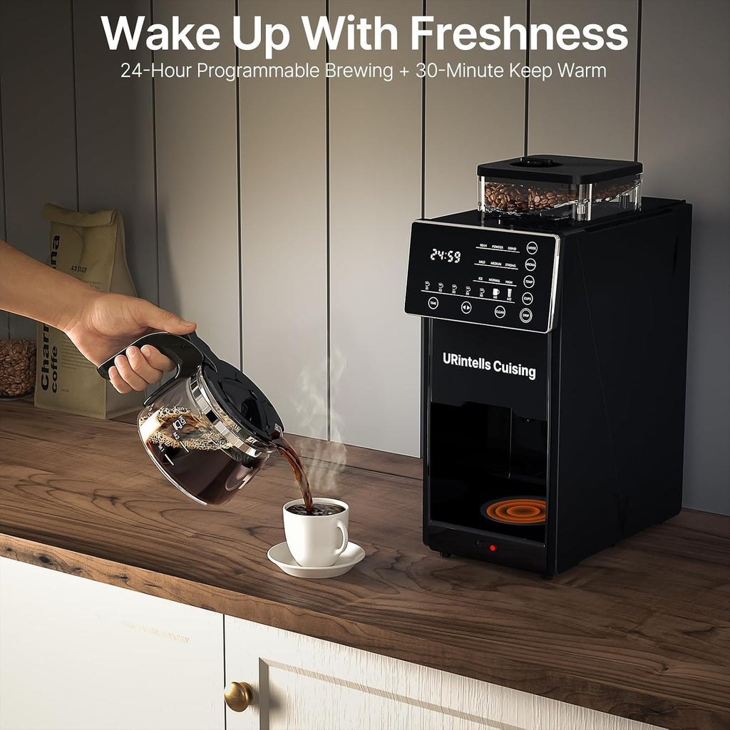 URintells Cuising Coffee Maker with Grinder, 22OZ Drip Coffee Maker with Glass Carafe and Removable Filter, Programmable Hot and Cold Bean to Cup Coffee Machine with Timer, Auto Shut Off