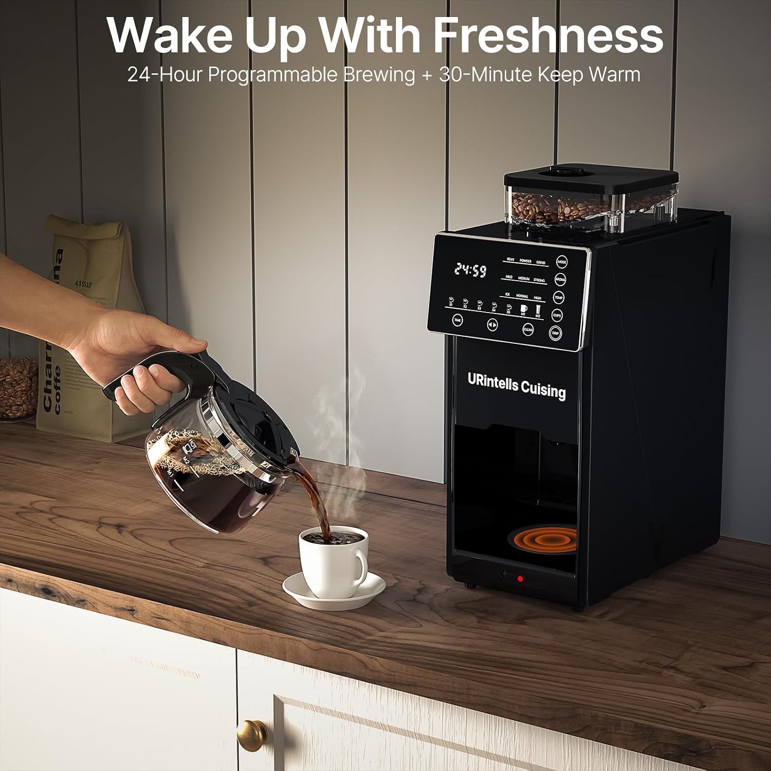 URintells Cuising Coffee Maker with Grinder, 22OZ Drip Coffee Maker with Glass Carafe and Removable Filter, Programmable Hot and Cold Bean to Cup Coffee Machine with Timer, Auto Shut Off