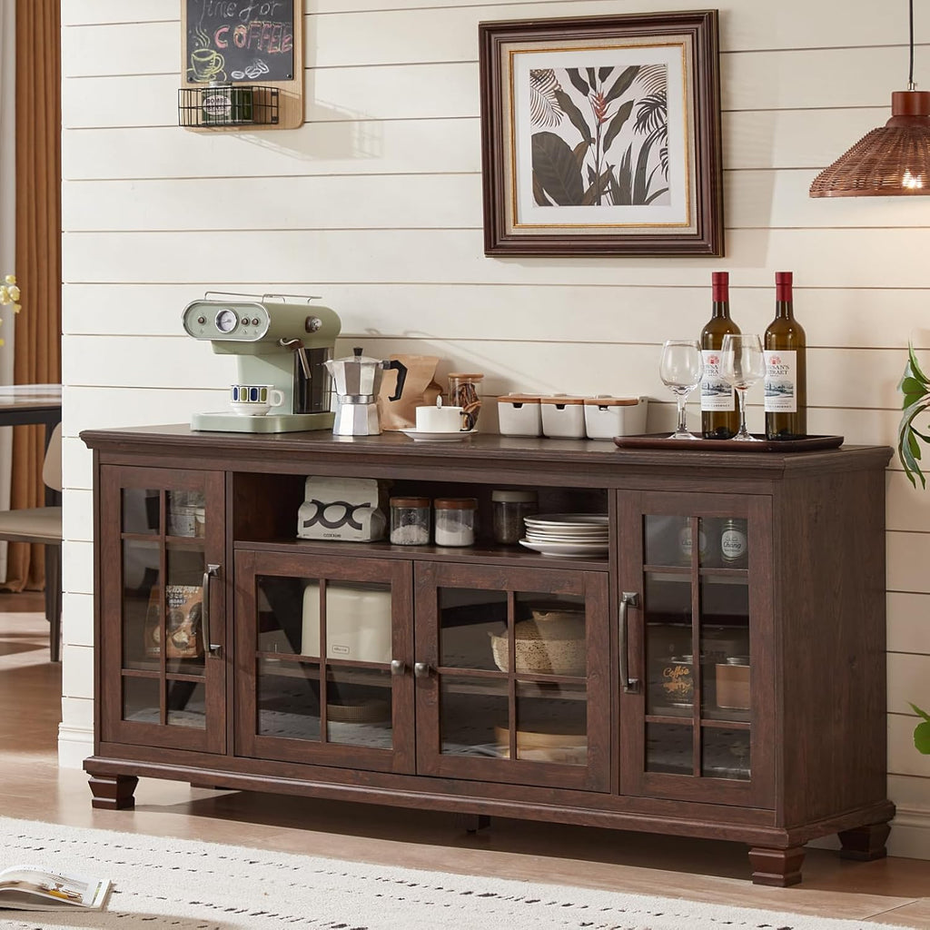 SAVOR LIFE Large Sideboard Buffet Cabinet with Storage, Vintage Walnut Farmhouse 60' Wide Credenza Accent Cabinets with Glass Doors & Wood Legs, Kitchen Coffee Bar Table for Dining Room, Living Room