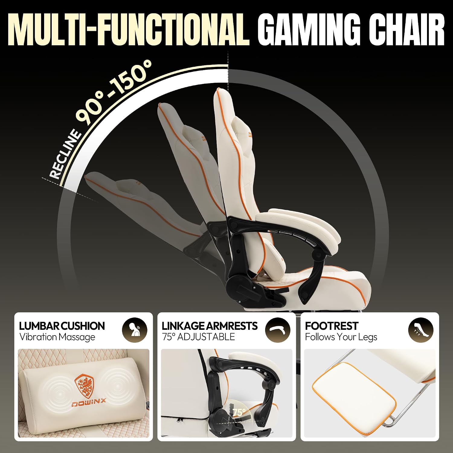 Dowinx Big and Tall Gaming Chair 350LBS, Racing Style Ergonomic Computer Chair with Side-Mounted Recline Control, Footrest & Massage Lumbar, High Back Chair with Embroidered Design for Gaming or Work