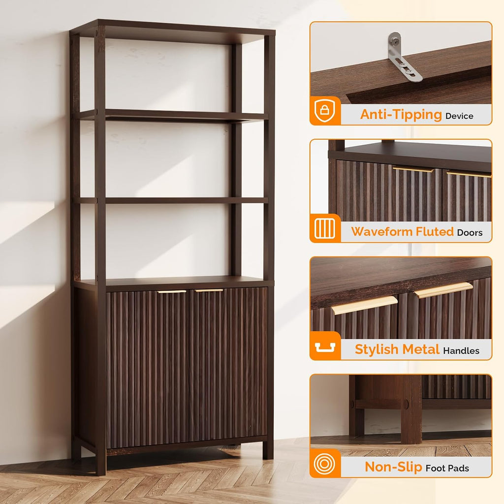 VINGLI Bookcase with Fluted Doors, 71' Wood Storage Cabinet with Adjustable Shelves, 6-Tier Display Cabinet Bookshelf for Study, Living Room, Home Office, Kitchen Pantry, Walnut