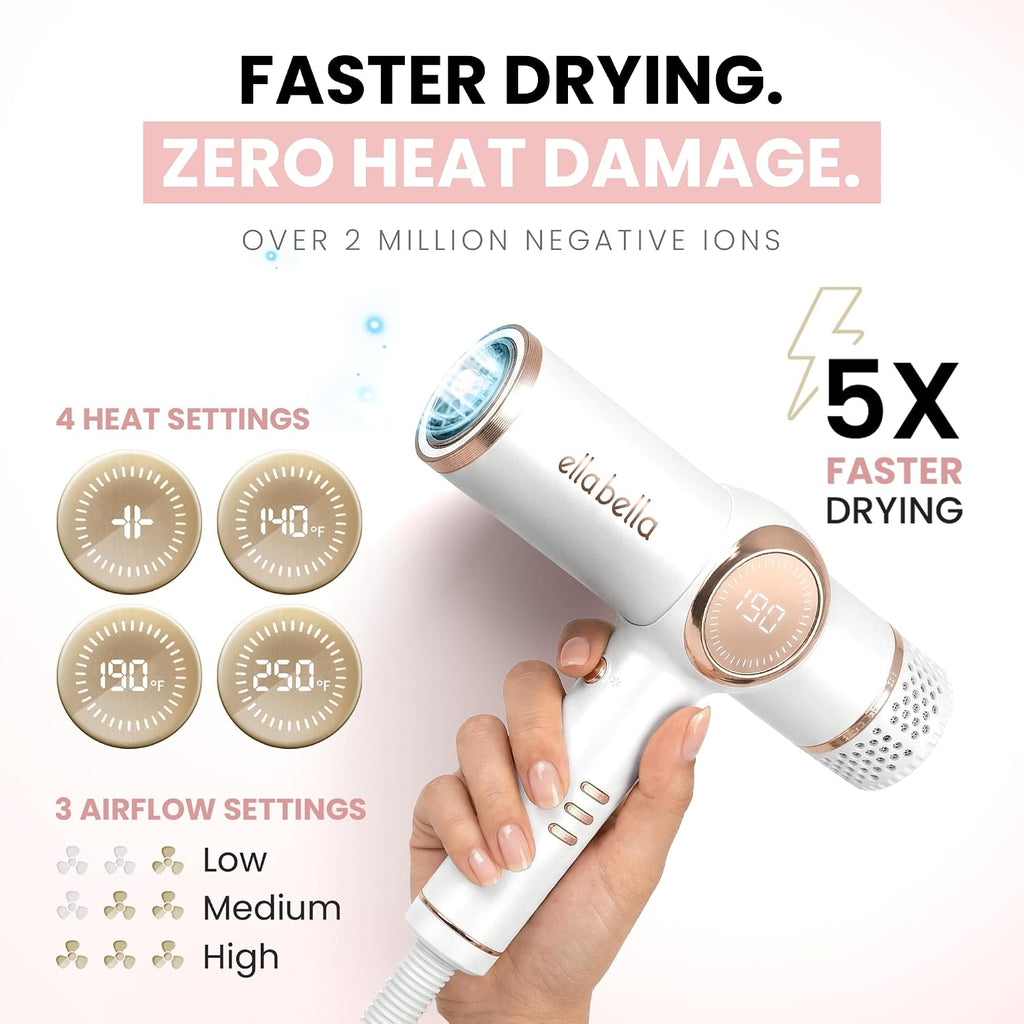 ELLA BELLA® Professional Ionic Hair Dryer with Diffuser • Negative Ion Blow Dryer • Suitable All Hair Types • Intelligent Heat Control & Rapid Drying Speeds • Lightweight Design • Low Noise Technology