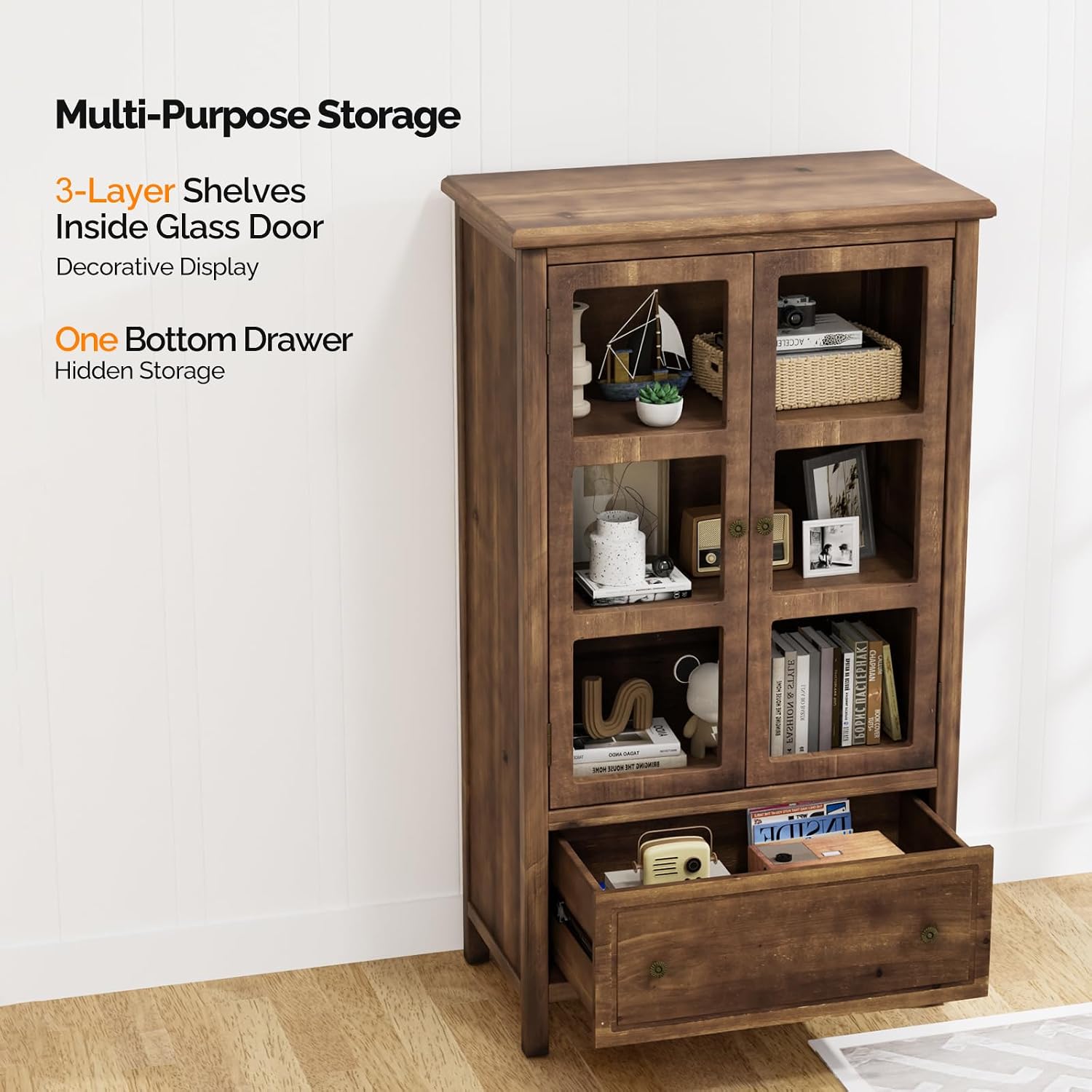 VINGLI Rustic Storage Cabinet with Glass Doors & Drawer, Solid Wood Leg, Walnut Finish Showcase