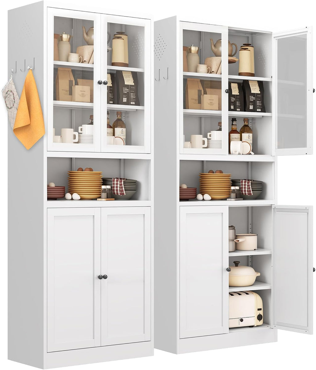 72' Tall Metal Storage Cabinets with 4 Doors and Shelves,White Kitchen Pantry Cabinet,Freestanding Steel Cupboard Display Cabinets for Kitchen,Living,Dining Room,Bathroom,Assembly Required