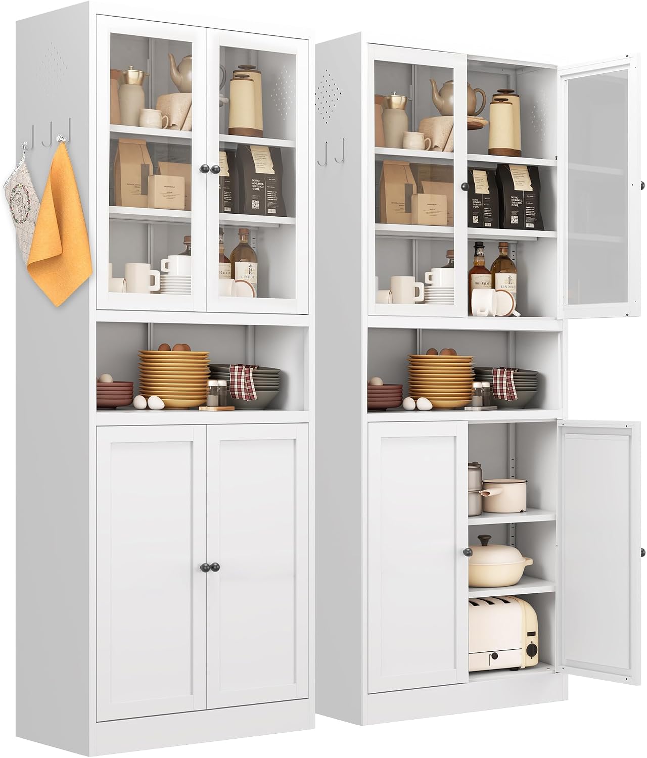 72' Tall Metal Storage Cabinets with 4 Doors and Shelves,White Kitchen Pantry Cabinet,Freestanding Steel Cupboard Display Cabinets for Kitchen,Living,Dining Room,Bathroom,Assembly Required