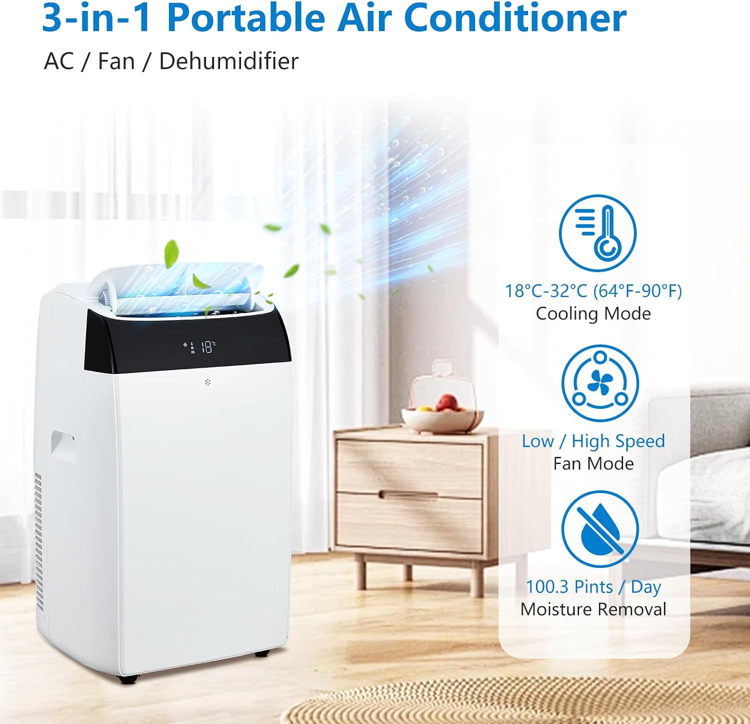 14000BTU Portable Air Conditioners with Remote Control and 24H Timer, KOKEBREN 3 IN 1 Low Noise Portable AC Unit with Dehumidifier and Fan, up to 750Sq. Ft. For Bedroom, Living Room, Office