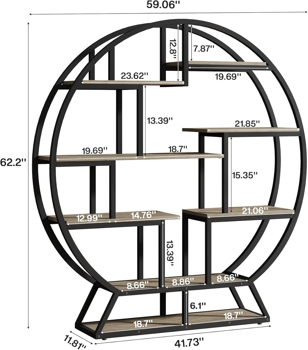 Tribesigns Bookshelf, Round Bookshelves Etagere Bookcase, 63 Inch Industrial Wood Book Shelf with Staggered Shelves, Open Shelving Organizer Rack Display Shelf for Home Office, Living Room, Grey