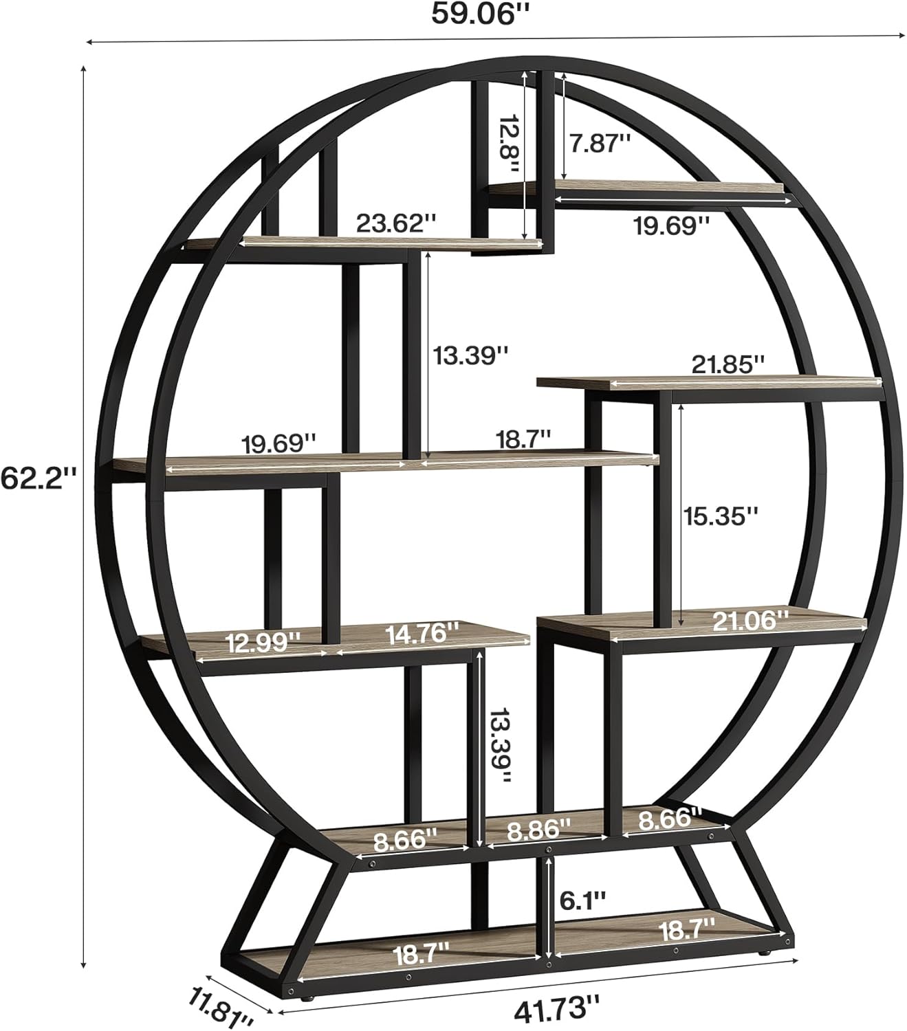 Tribesigns Bookshelf, Round Bookshelves Etagere Bookcase, 63 Inch Industrial Wood Book Shelf with Staggered Shelves, Open Shelving Organizer Rack Display Shelf for Home Office, Living Room, Grey