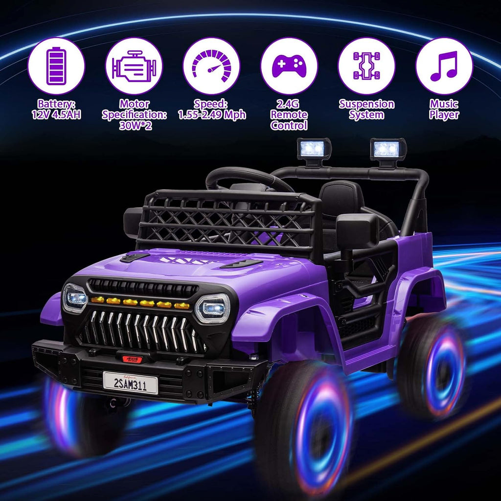 12V Ride On Car for Kids Electric Vehicle Toddlers Battery Powered Truck Car Toy with Remote Control, 4-Wheel Suspension, Battery Display, LED Lights, Music, for Boys Girls, Purple