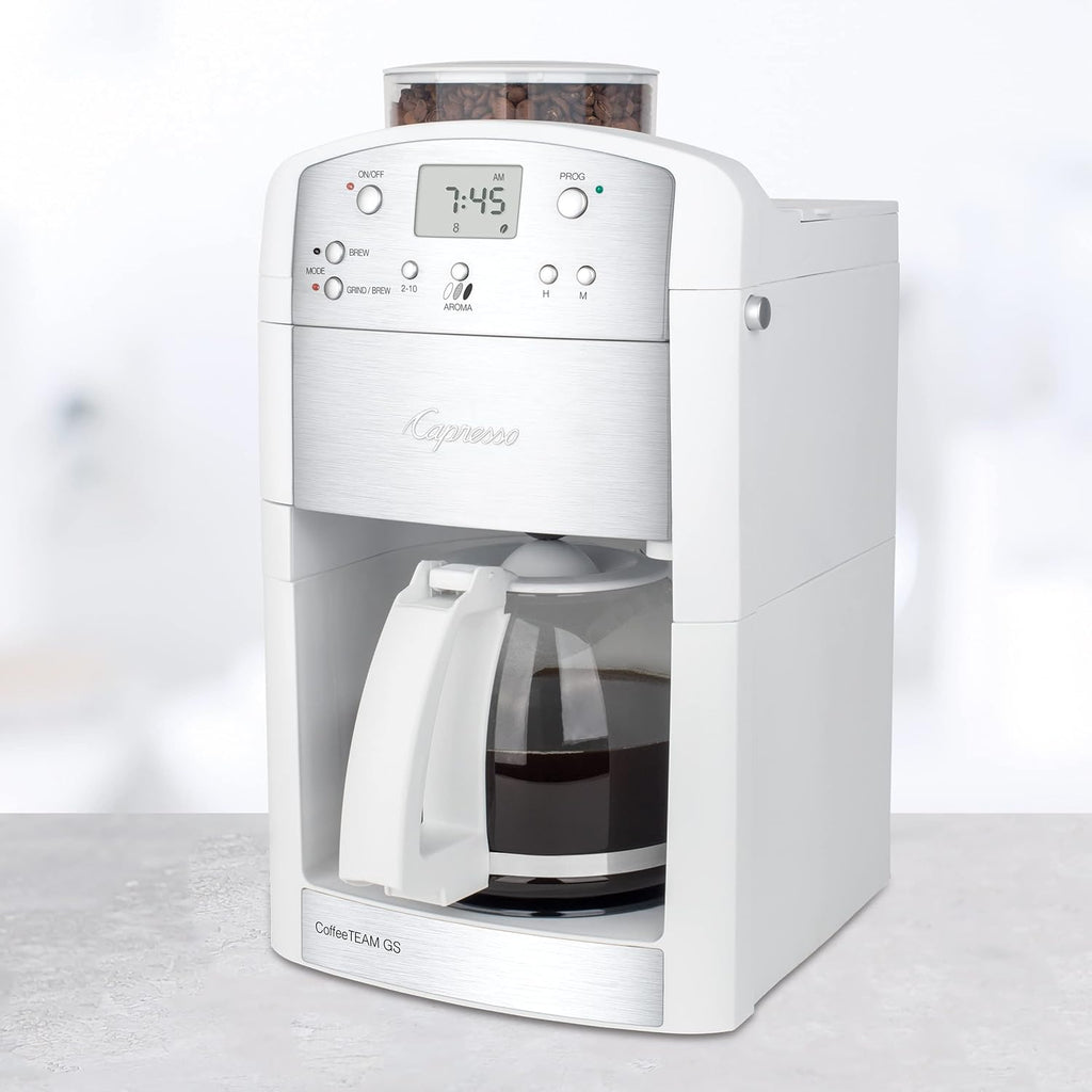 Capresso CoffeeTEAM GS 10-Cup Coffee Maker with Conical Burr Grinder, Glass Carafe 464.02 White