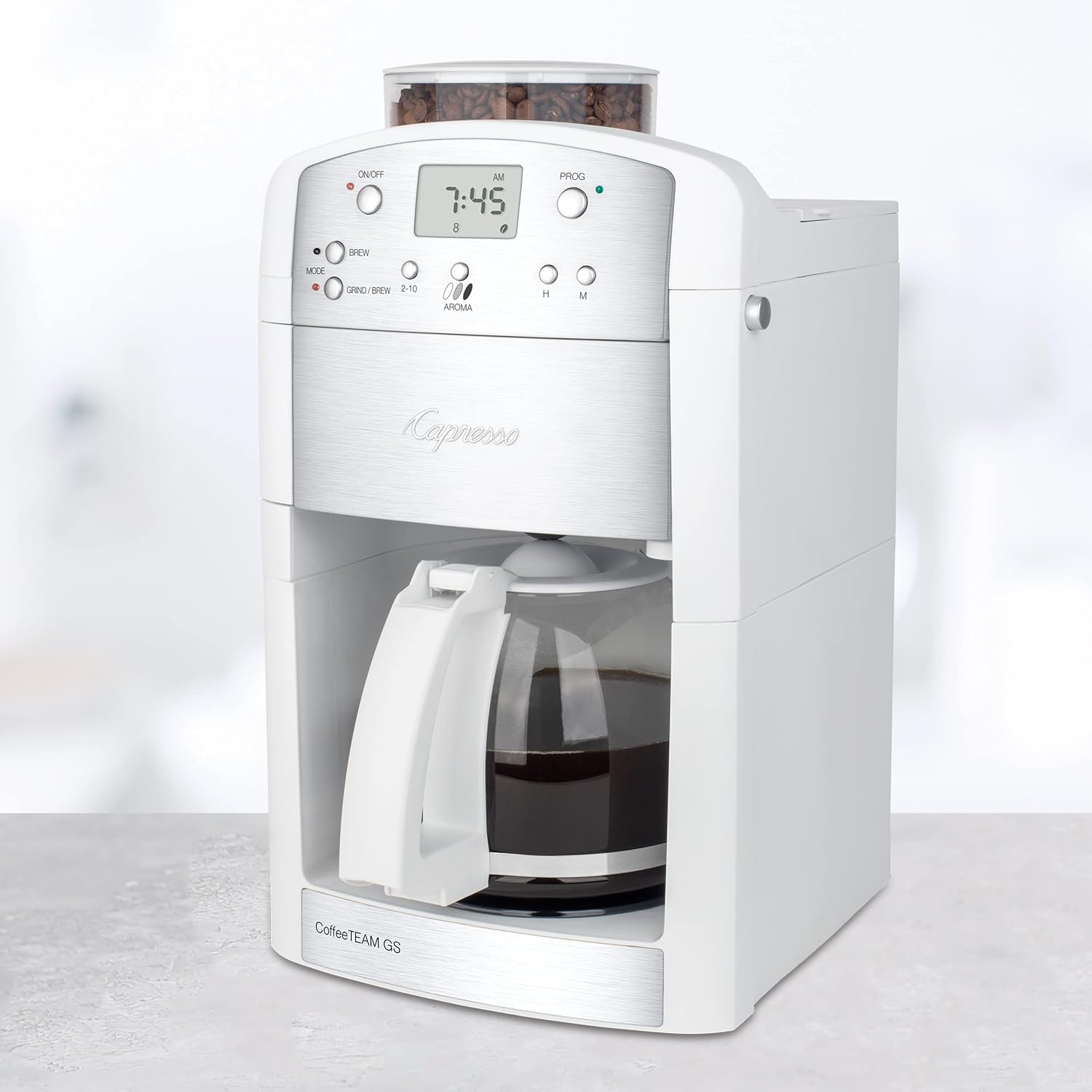 Capresso CoffeeTEAM GS 10-Cup Coffee Maker with Conical Burr Grinder, Glass Carafe 464.02 White