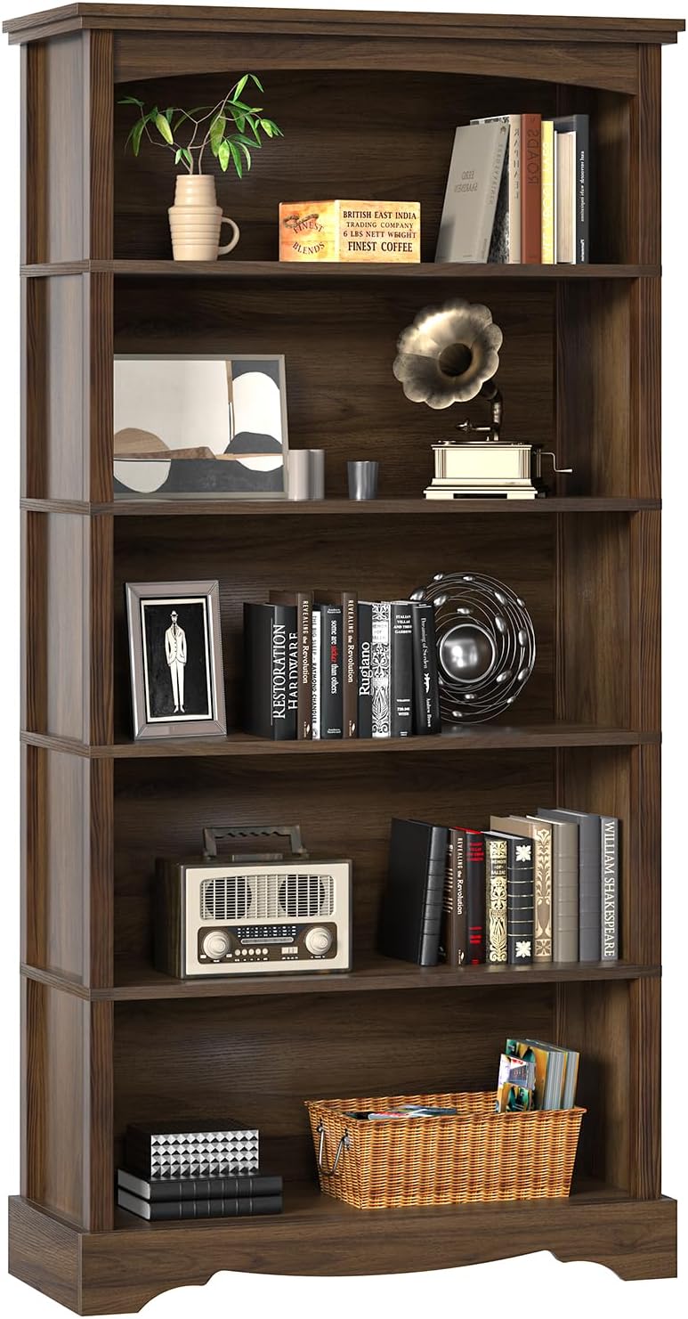 TVU 5-Tier Wooden Bookshelf, 31.5' W x 65' H ×9.9' D Bookshelf with Storage, Floor Standing Modern Style Display Bookcase for Living Room, Office, Study Room, Entryway, Brown