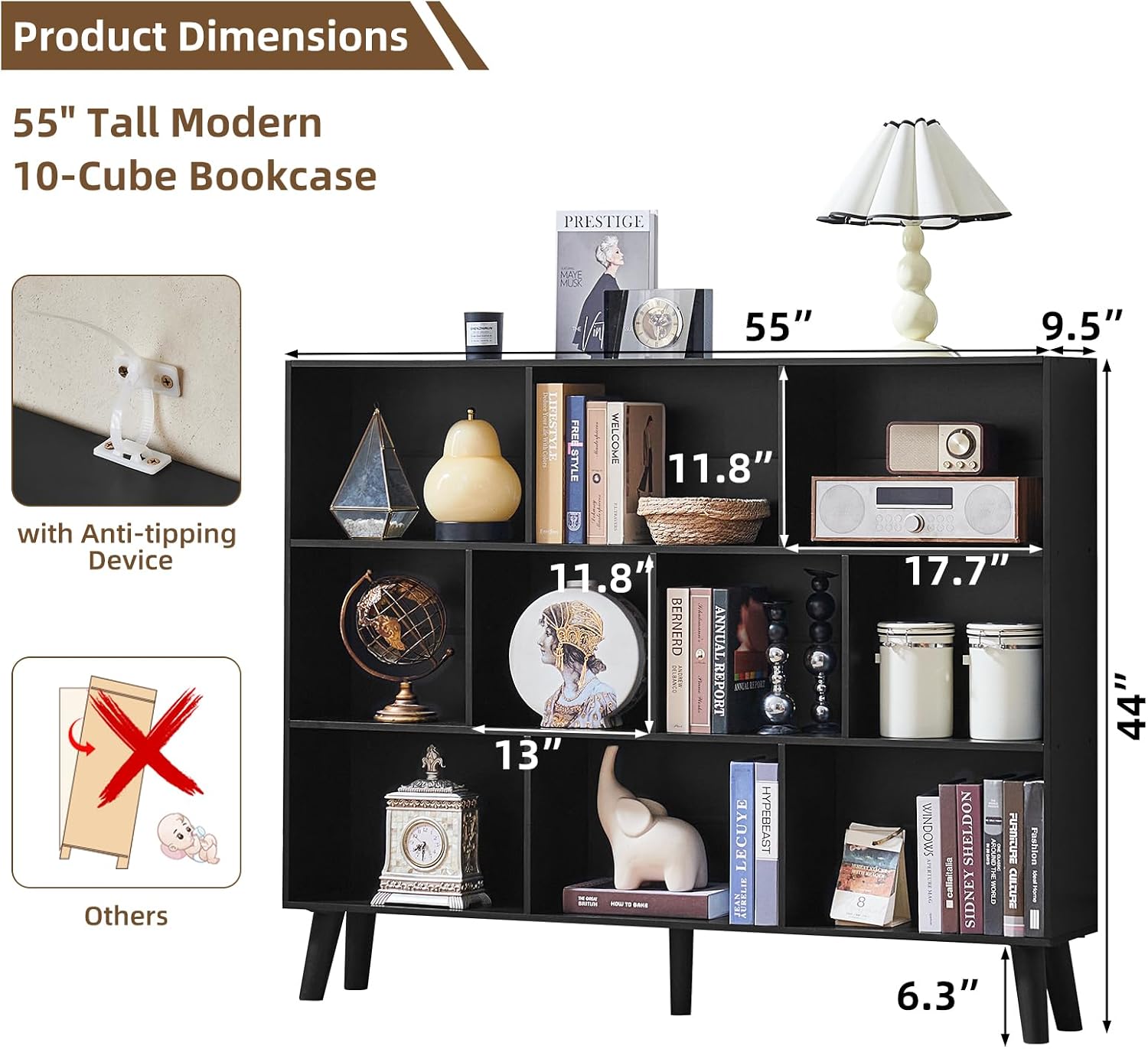 LEYAOYAO 10 Cube Bookshelf, 3 Tier Vintage 55' Wide Bookcase with Legs, Mid-Century Wood Bookshelves Storage, Black Large Book Case, Freestanding Organizer Display Shelf for Living Room, Office