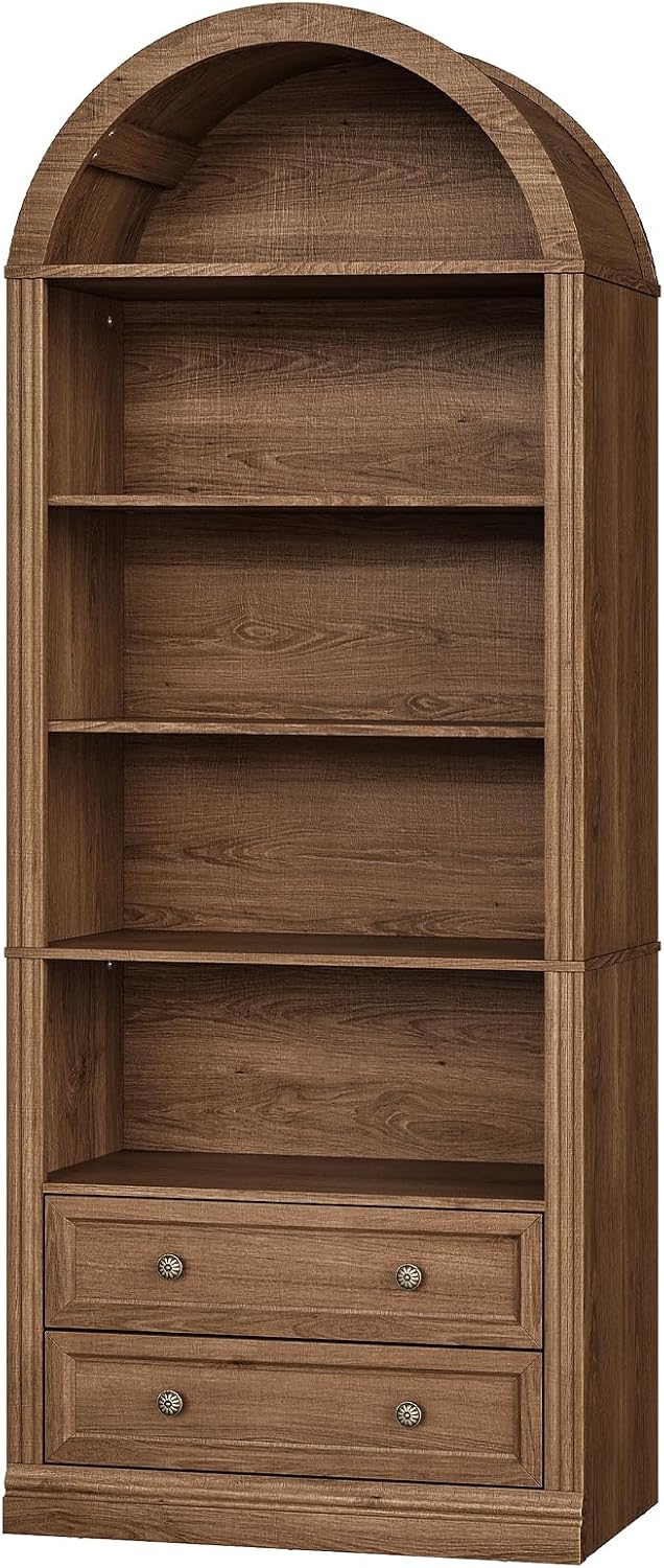 RALGEND Farmhouse Arched Bookshelf, 7 Tiers Arch Bookcase with 2 Spacious Drawers, Modern Book Shelf with Open Display Shelves and Storage Cabinet, for Office, Living Room, Kitchen, Walnut
