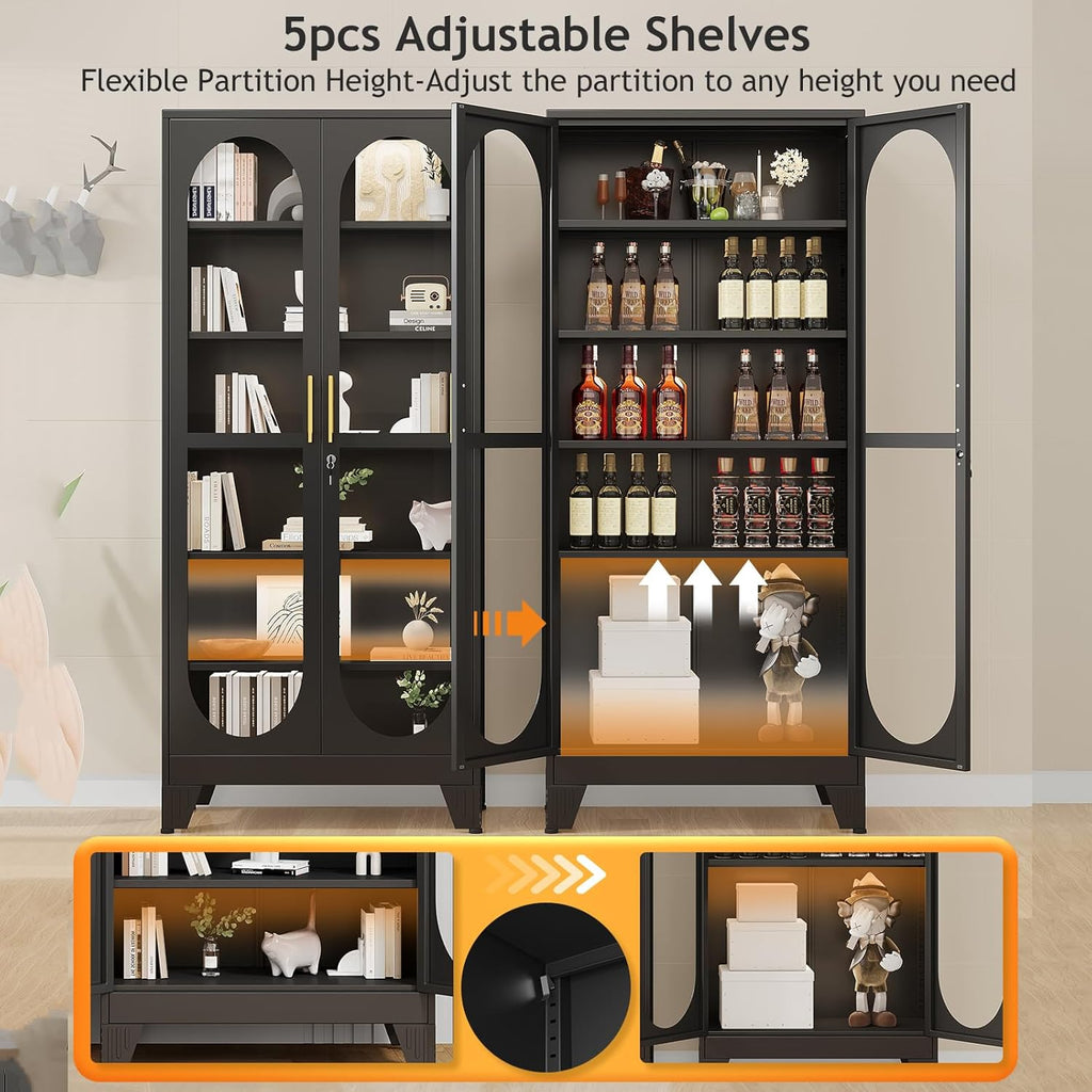 PAOFIN 75' H Locking Display Cabinet with Glass Door, Metal Curio Cabinets with 5 Adjustable Shelves, Tall Liquor Cabinet Display Case for Living Room, Wine, Clinic, Home - Assembly Required Black