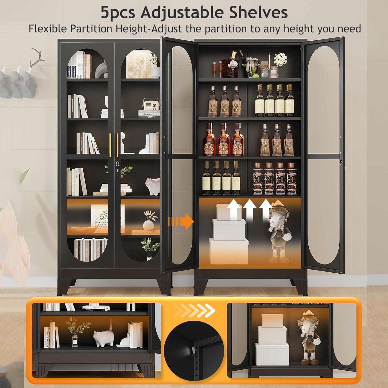 PAOFIN 75' H Locking Display Cabinet with Glass Door, Metal Curio Cabinets with 5 Adjustable Shelves, Tall Liquor Cabinet Display Case for Living Room, Wine, Clinic, Home - Assembly Required Black