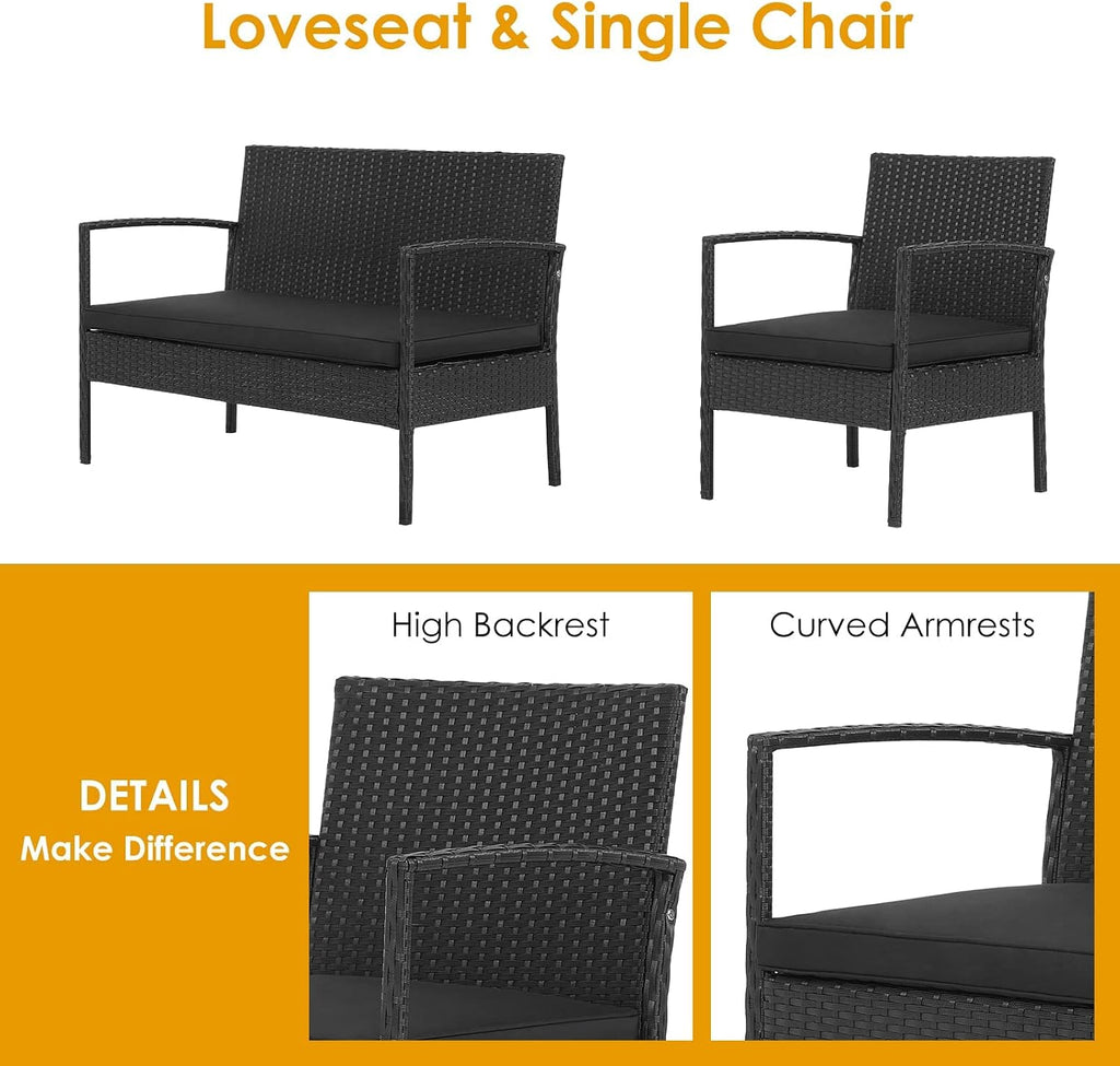 Tangkula 4 Piece Patio Rattan Conversation Set, Outdoor Wicker Sofa Furniture with Loveseat & 2 Single Chairs, Acacia Wood Tabletop, Outside Sectional for Poolside, Deck, Garden (1, Black)