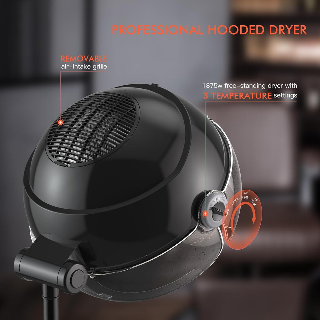 TASALON Ionic Hooded Hair Dryer - 1875W Bonnet Dryer with 3 Temperature Settings - Portable Standing Dryer for Home and Salon (Black)