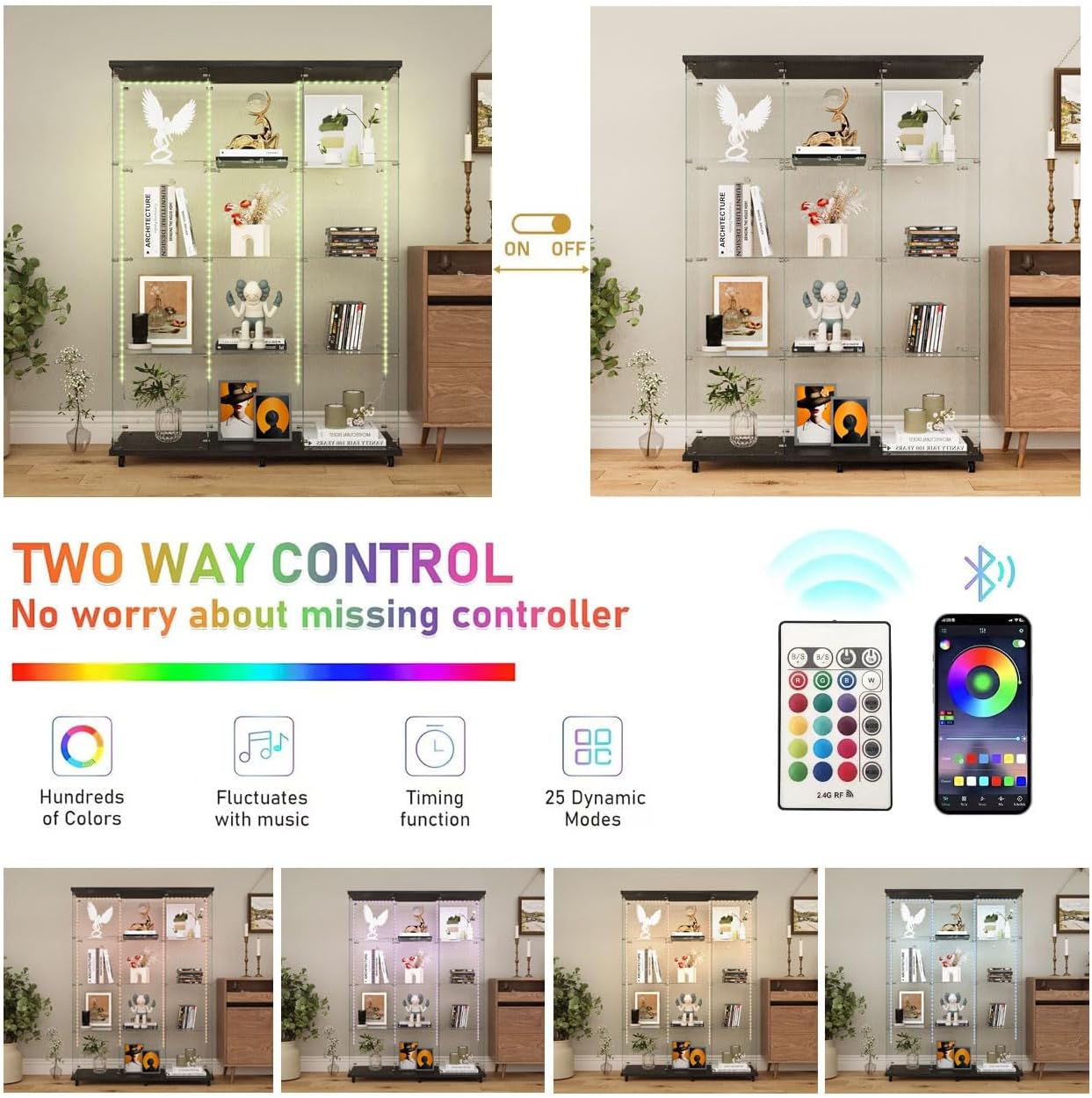 Glass Display Cabinet with 4 Shelves Extra Large,LED Lights and Wheels, Rolling 2 Doors Curio Cabinet with Lock 64.88' High Led Curio Display Cabinet Showcase for Living Room,Bedroom,Black