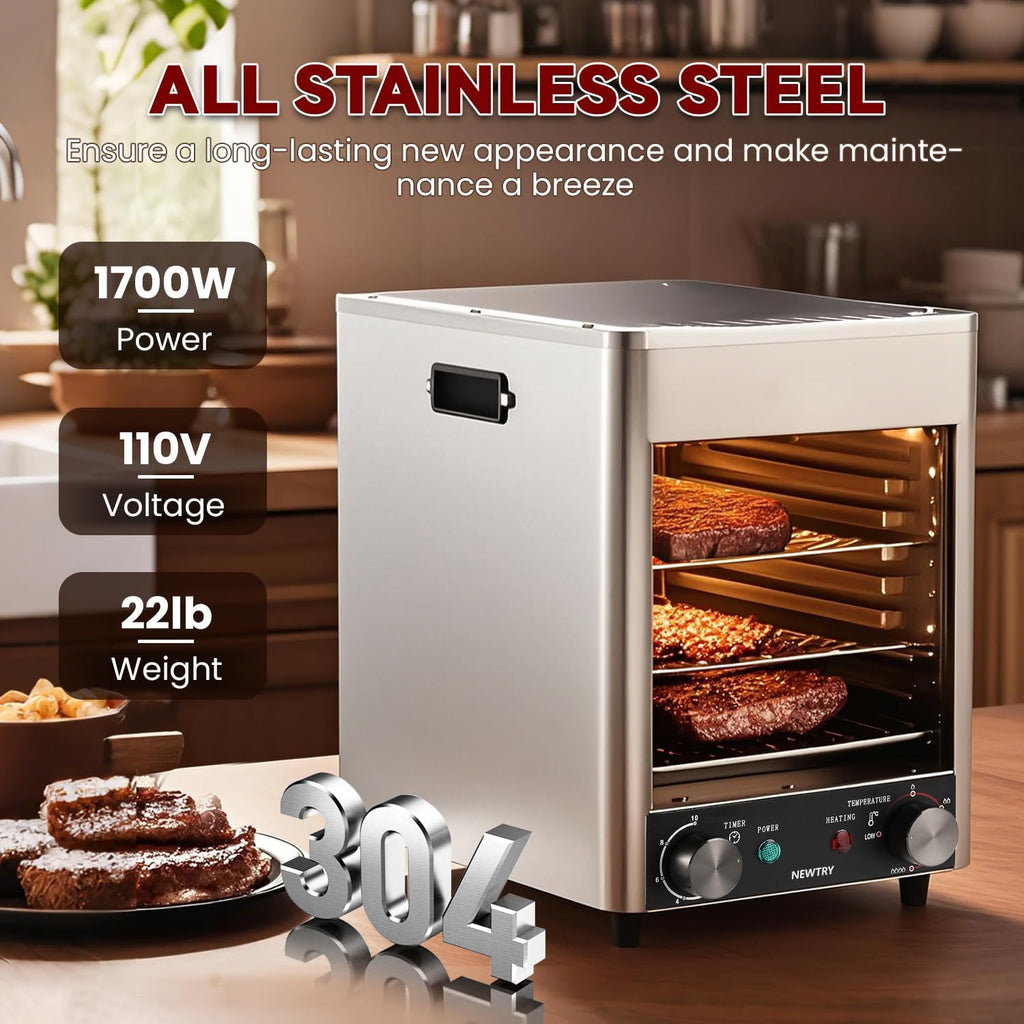 NEWTRY 1700W Electric Steak Broiler Indoor Steak Grill Automatic Steak Smoker Broiler Gas-Free Time Temperature Adjustable for Beef Chicken Vegetables 110V US