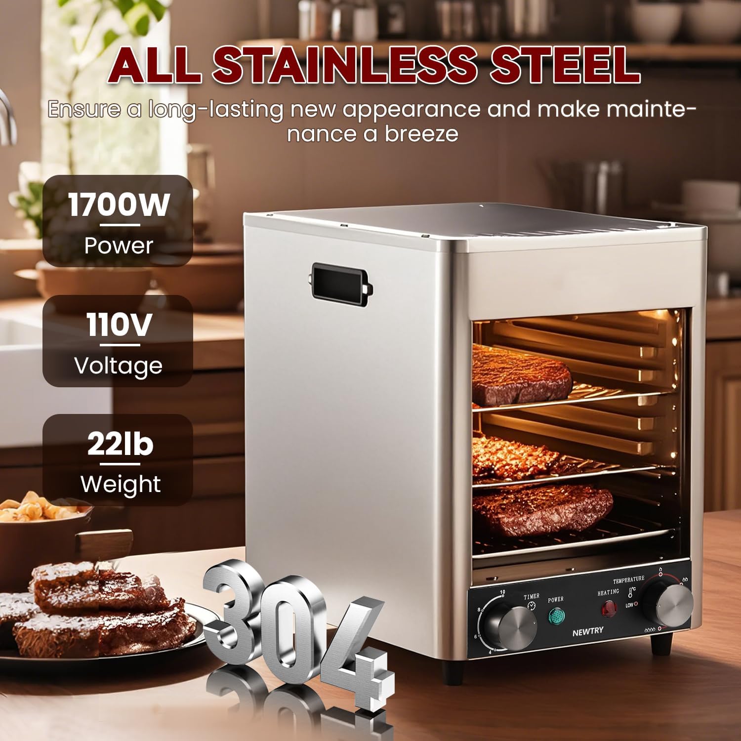 NEWTRY 1700W Electric Steak Broiler Indoor Steak Grill Automatic Steak Smoker Broiler Gas-Free Time Temperature Adjustable for Beef Chicken Vegetables 110V US