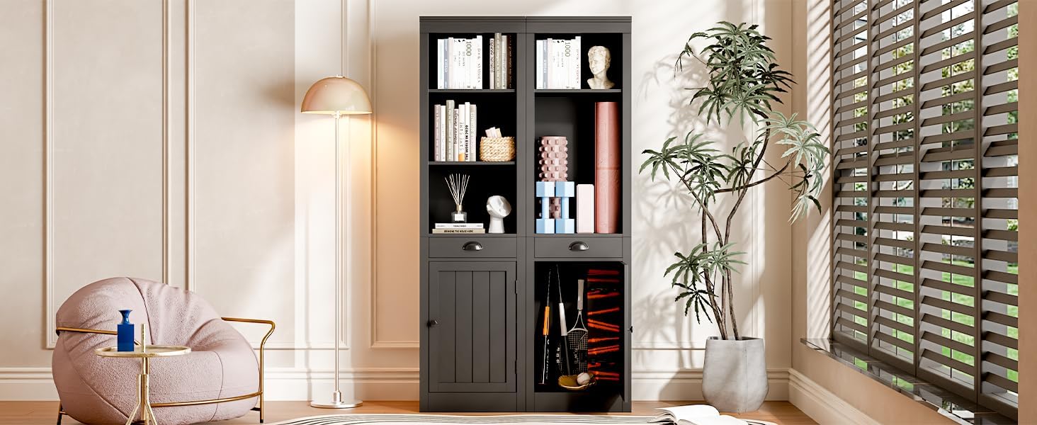 GarveeHome 71 inch Tall Bookcase with Drawers & Doors, 3-Tier Open Bookshelf with Adjustable Shelves, Narrow Storage Cabinet for Living Room, Office, Bedroom, Bathroom，White (Black)