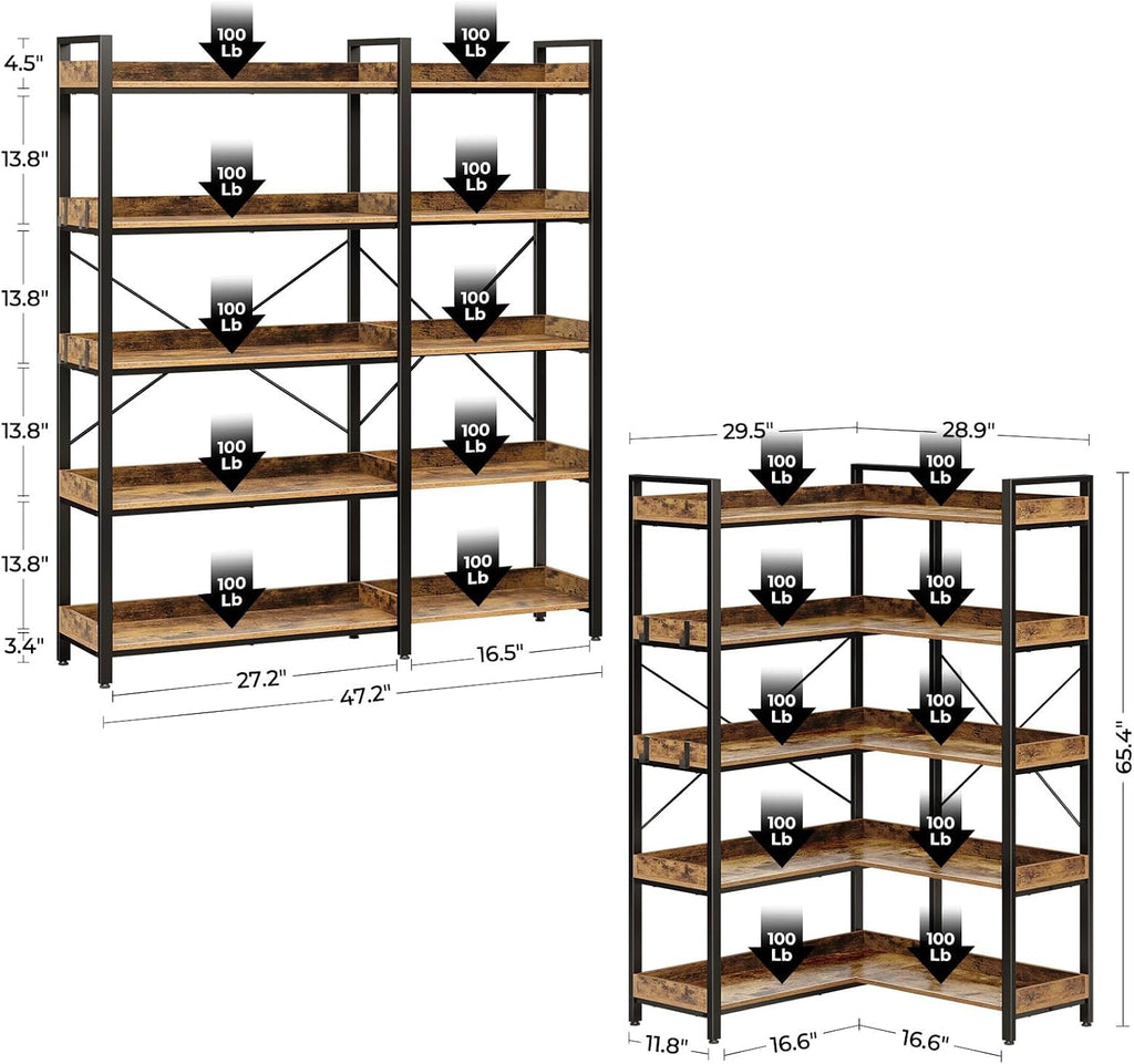 Rolanstar Bookshelf 5 Tier with 4 Hooks, Reversible Corner Bookshelf, 65' Industrial Wooden Bookcase with Open Shelves and Metal Frame for Living Room, Bedroom, Home Office, Rustic Brown