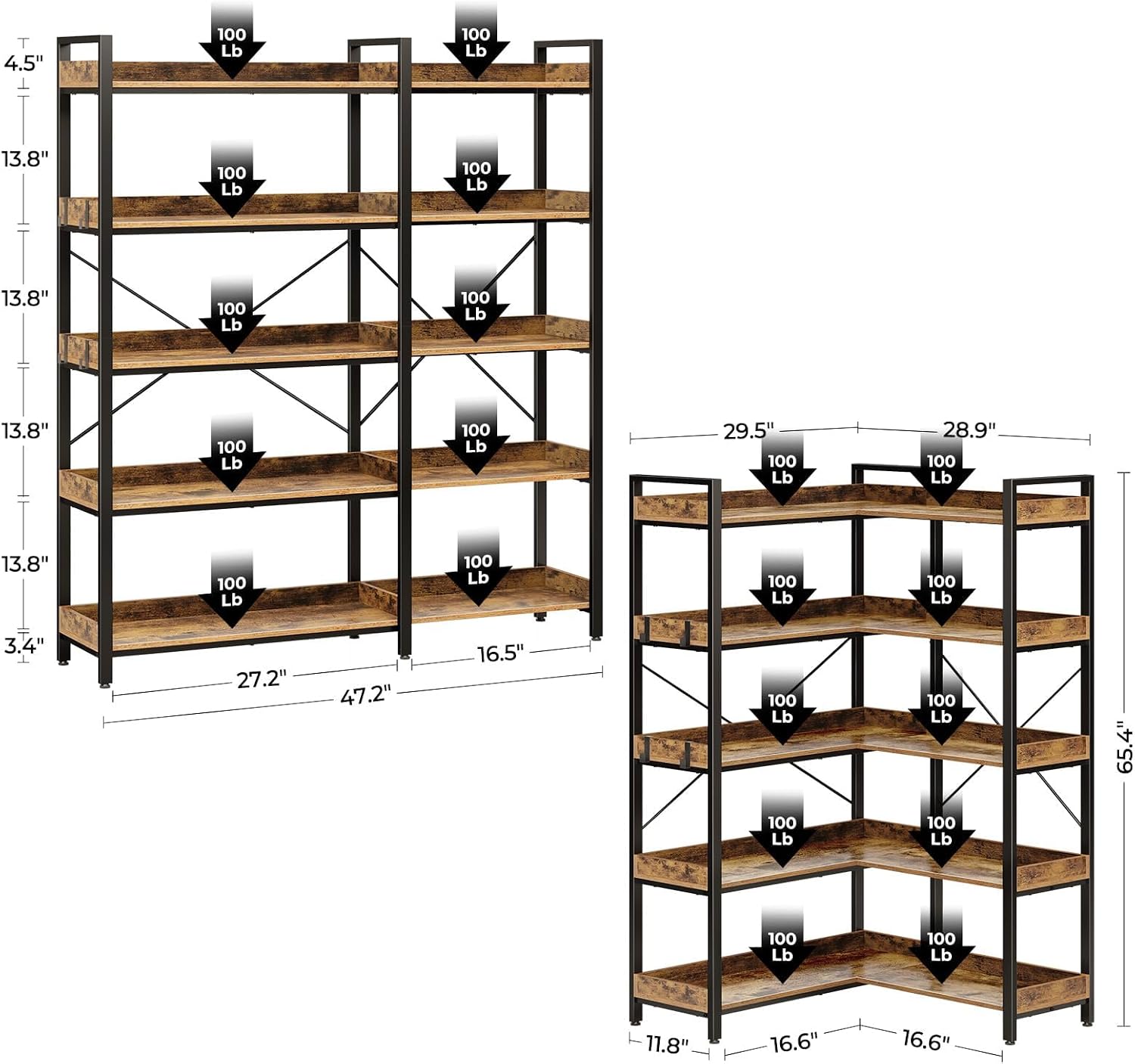 Rolanstar Bookshelf 5 Tier with 4 Hooks, Reversible Corner Bookshelf, 65' Industrial Wooden Bookcase with Open Shelves and Metal Frame for Living Room, Bedroom, Home Office, Rustic Brown