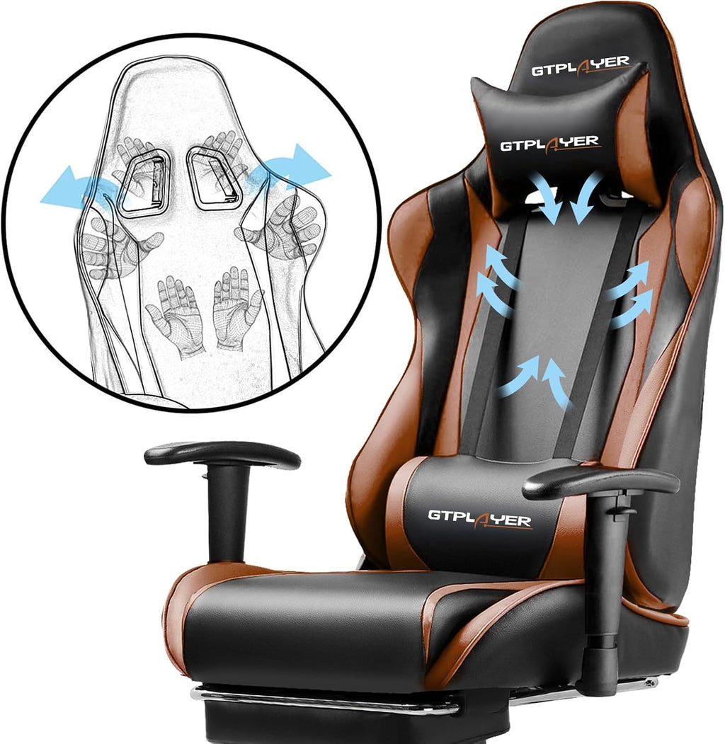 GTPLAYER Gaming Chair with Footrest, Ergonomic Computer Game Desk Chair, Reclining Gaming Chair Seat Height Adjustment, Swivel Rocker with Headrest and Lumbar (Brown)